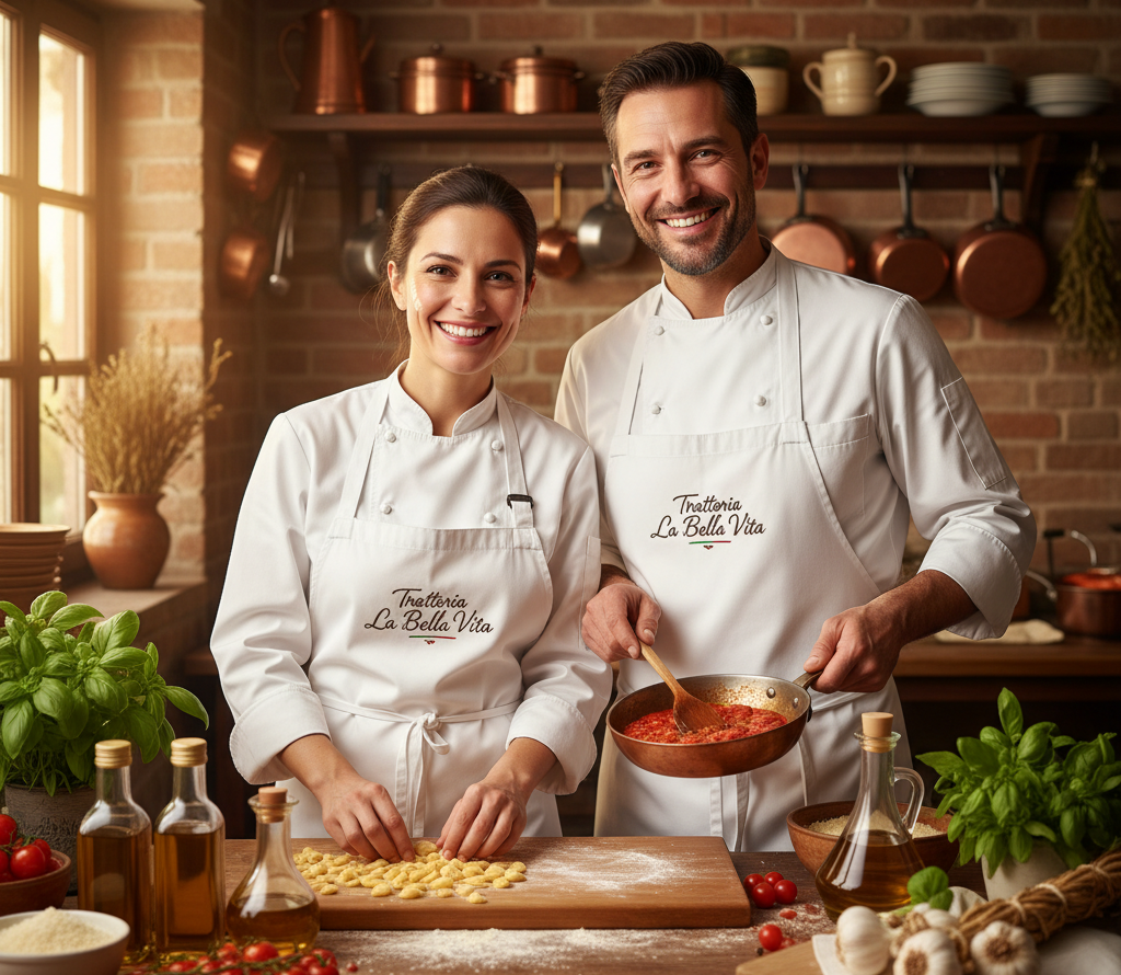 [Imagem dos chefs Marco e Giulia Rossi na cozinha]